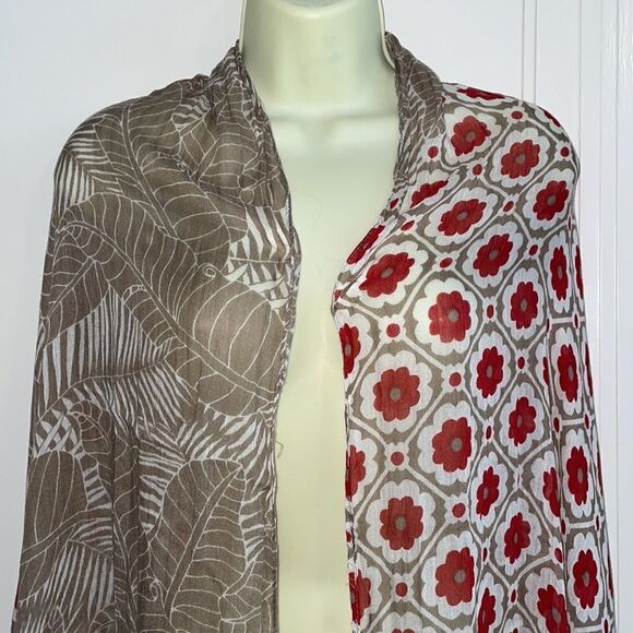 Vivante by VSA cream & tan tropical leaves with red flowers large scarf/wrap - Picture 2 of 9